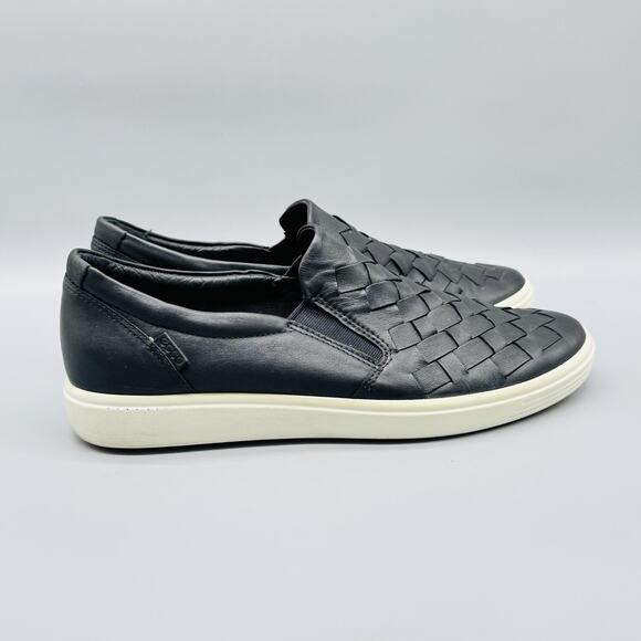 ECCO Shoes Womens 11 Black Leather Loafer Sneakers Soft 7 Woven Slip On Comfort - Picture 1 of 13